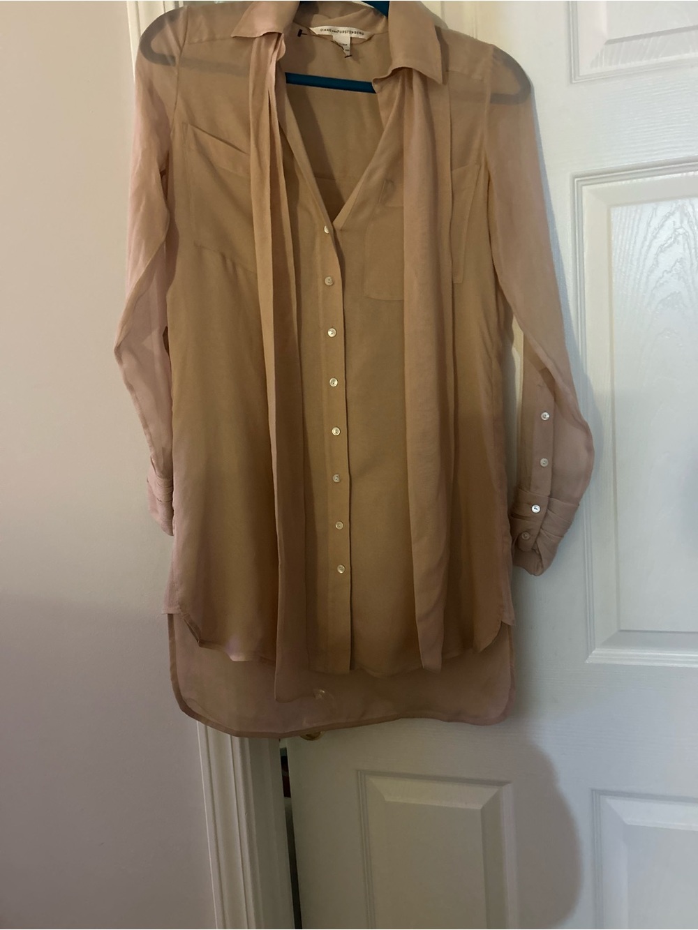 Diane von Furstenberg DVF Silk Chiffon Tie Neck Button Down Shirt Tan 2